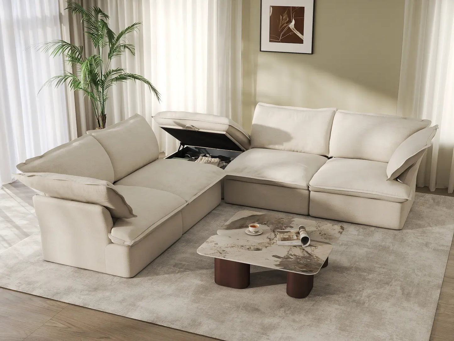 Deluxe Cloud Beige 4-Seater V-Shaped Sofa with Storage | 5-Piece (includes 1 ottoman), Linen and Cotton Fabric, Washable Covers