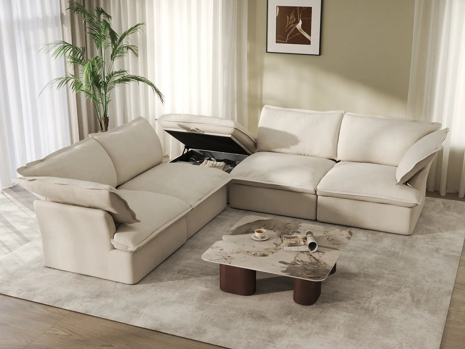 Deluxe Cloud Beige 4-Seater V-Shaped Sofa with Storage | 5-Piece (includes 1 ottoman), Linen and Cotton Fabric, Washable Covers
