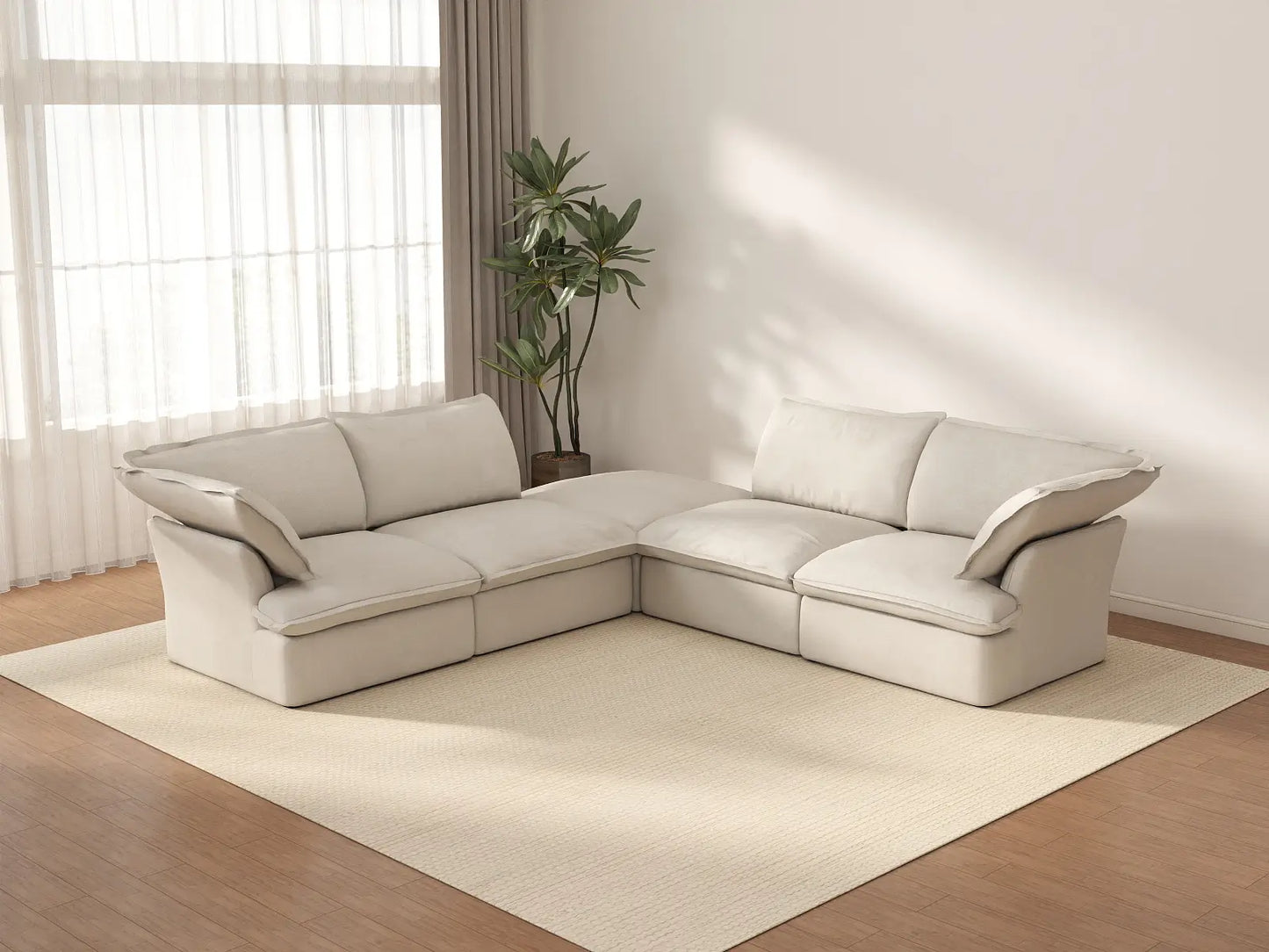 Deluxe Cloud Beige 4-Seater V-Shaped Sofa with Storage | 5-Piece (includes 1 ottoman), Linen and Cotton Fabric, Washable Covers