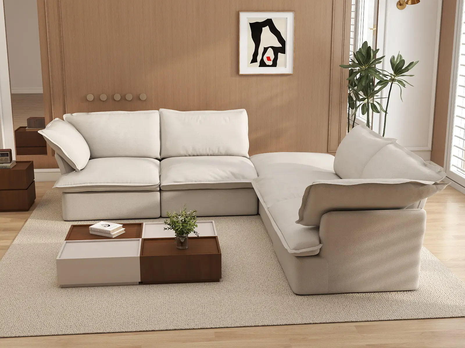 Deluxe Cloud Beige 4-Seater V-Shaped Sofa with Storage | 5-Piece (includes 1 ottoman), Linen and Cotton Fabric, Washable Covers