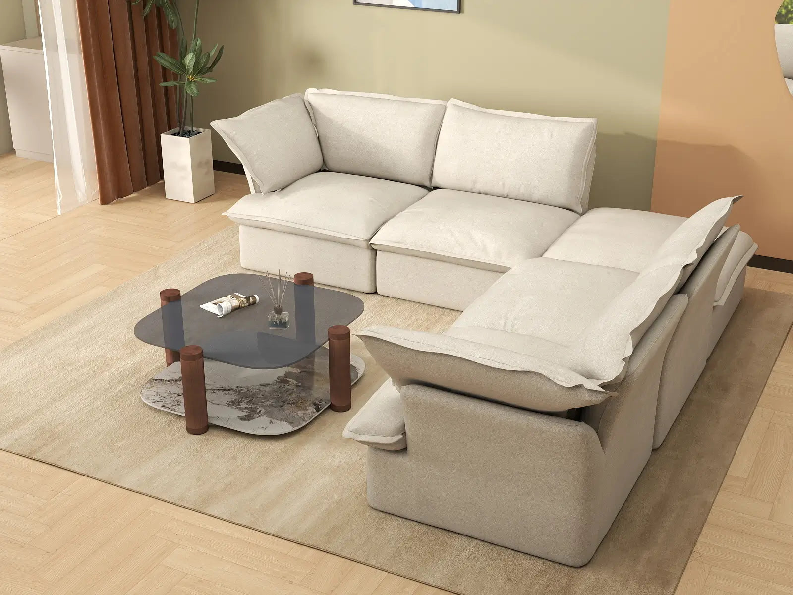Deluxe Cloud Beige 4-Seater V-Shaped Sofa with Storage | 5-Piece (includes 1 ottoman), Linen and Cotton Fabric, Washable Covers