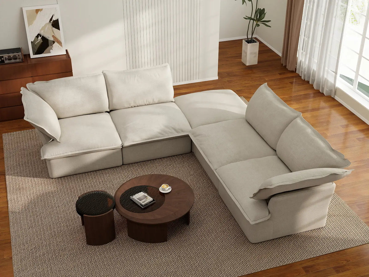 Deluxe Linen Cloud Sectional Sofas Covers | Beige Linen and Cotton Sofa Cover for 4-Seater with 1-Ottoman