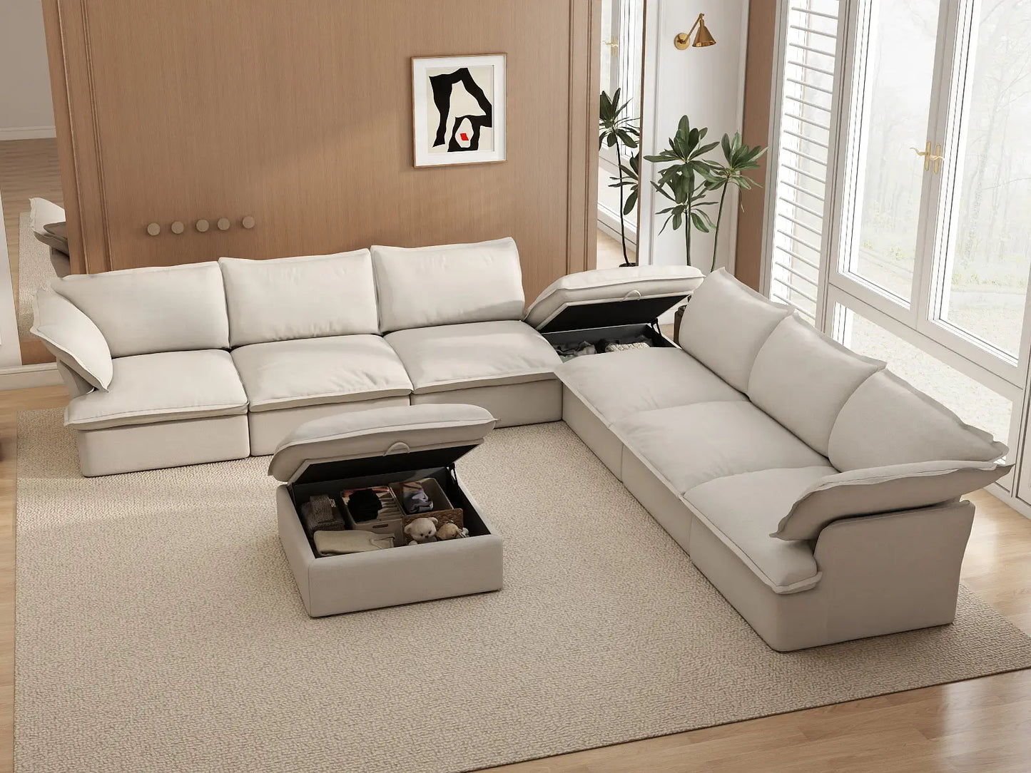 Deluxe Cloud Beige 6-Seater Sofa with Storage | 8-Piece (includes 2 ottomans), Linen and Cotton Fabric, Washable Covers