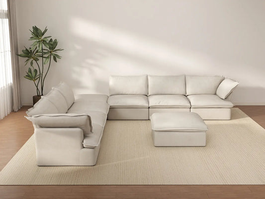 Deluxe Cloud Beige 6-Seater Sofa with Storage | 8-Piece (includes 2 ottomans), Linen and Cotton Fabric, Washable Covers