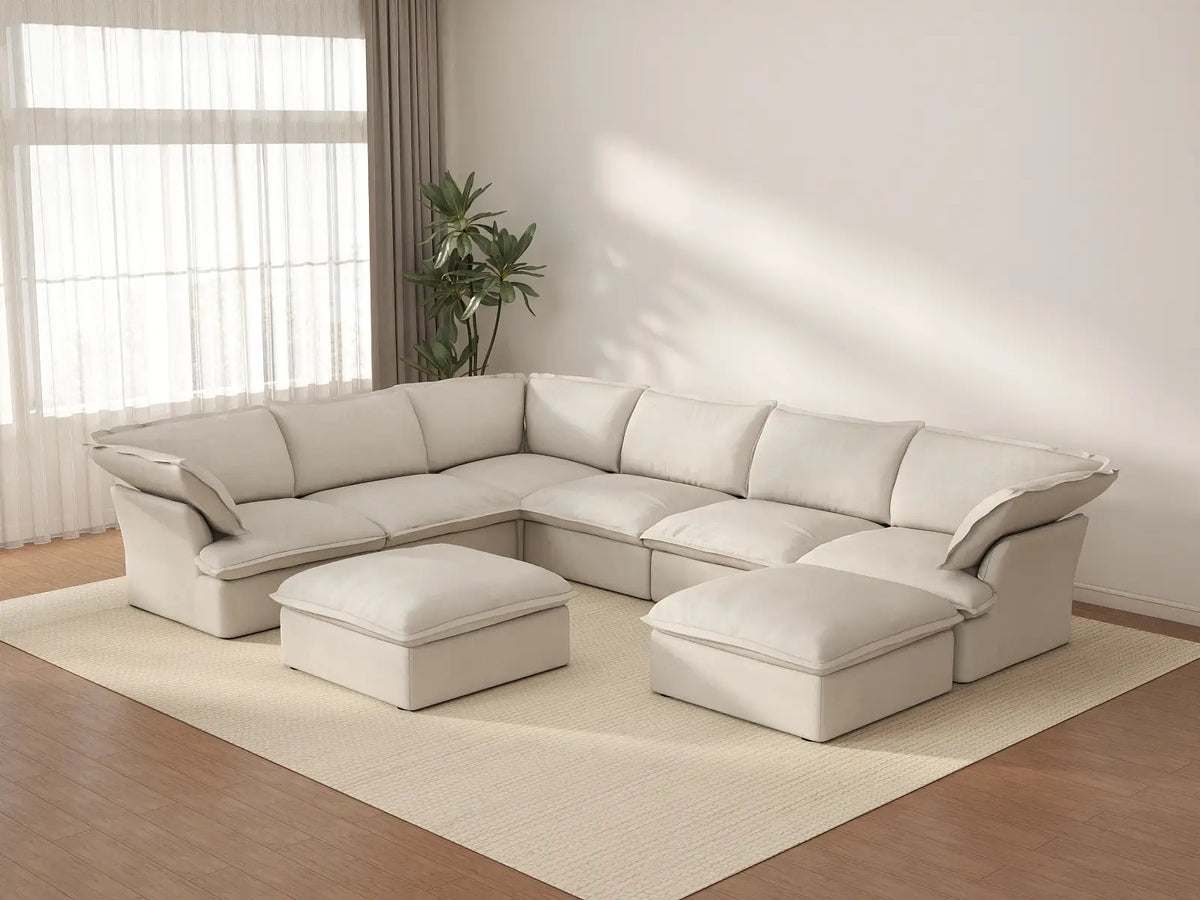 Sofá de lujo de 6 plazas beige nube con almacenaje | 8 piezas (incluye 2 otomanas), tela de lino y algodón, fundas lavables