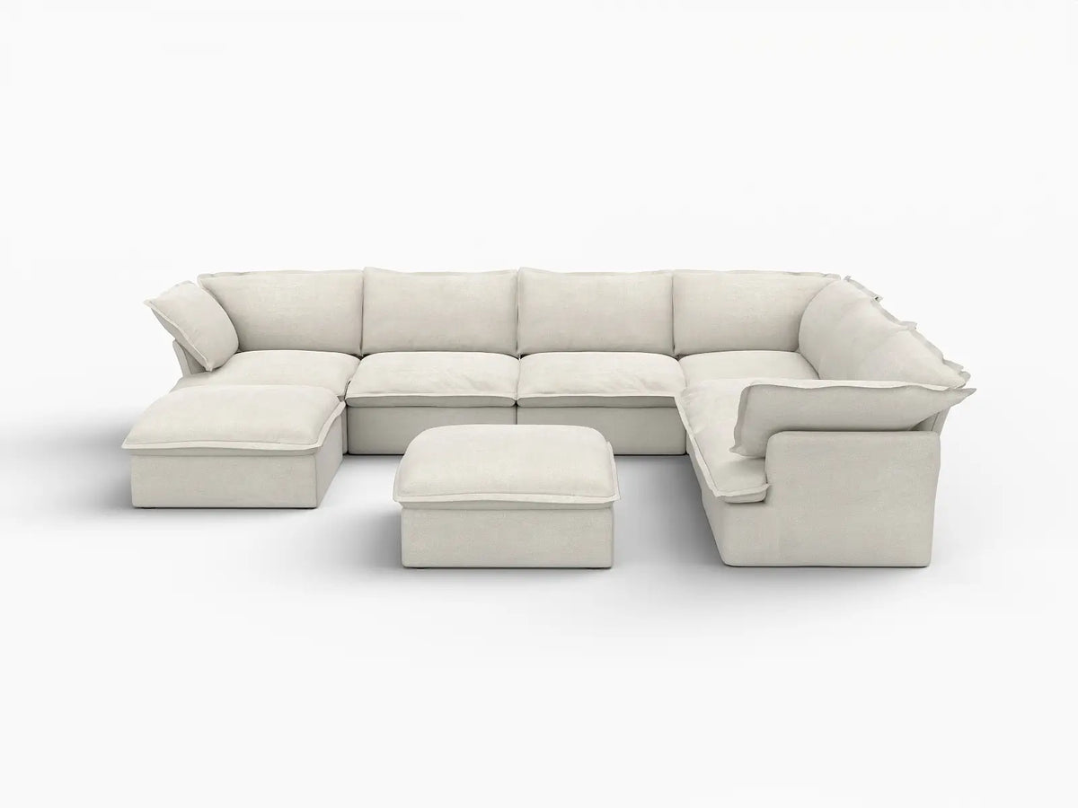 Deluxe Linen Cloud Sectional Sofas Covers | Beige Linen and Cotton Sofa Cover for 6-Seater with 2-Ottoman