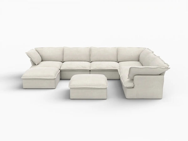 Deluxe Linen Cloud Sectional Sofas Covers | Beige Linen and Cotton Sofa Cover for 6-Seater with 2-Ottoman