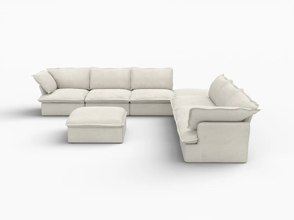 Deluxe Cloud Beige 6-Seater Sofa with Storage | 8-Piece (includes 2 ottomans), Linen and Cotton Fabric, Washable Covers