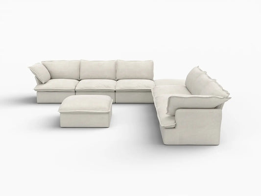 Deluxe Linen Cloud Sectional Sofas Covers | Beige Linen and Cotton Sofa Cover for 6-Seater with 2-Ottoman