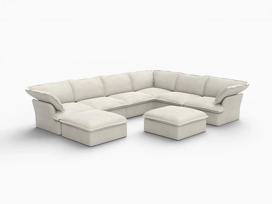 Deluxe Linen Cloud Sectional Sofas Covers | Beige Linen and Cotton Sofa Cover for 6-Seater with 2-Ottoman