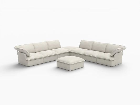 Deluxe Linen Cloud Sectional Sofas Covers | Beige Linen and Cotton Sofa Cover for 6-Seater with 2-Ottoman