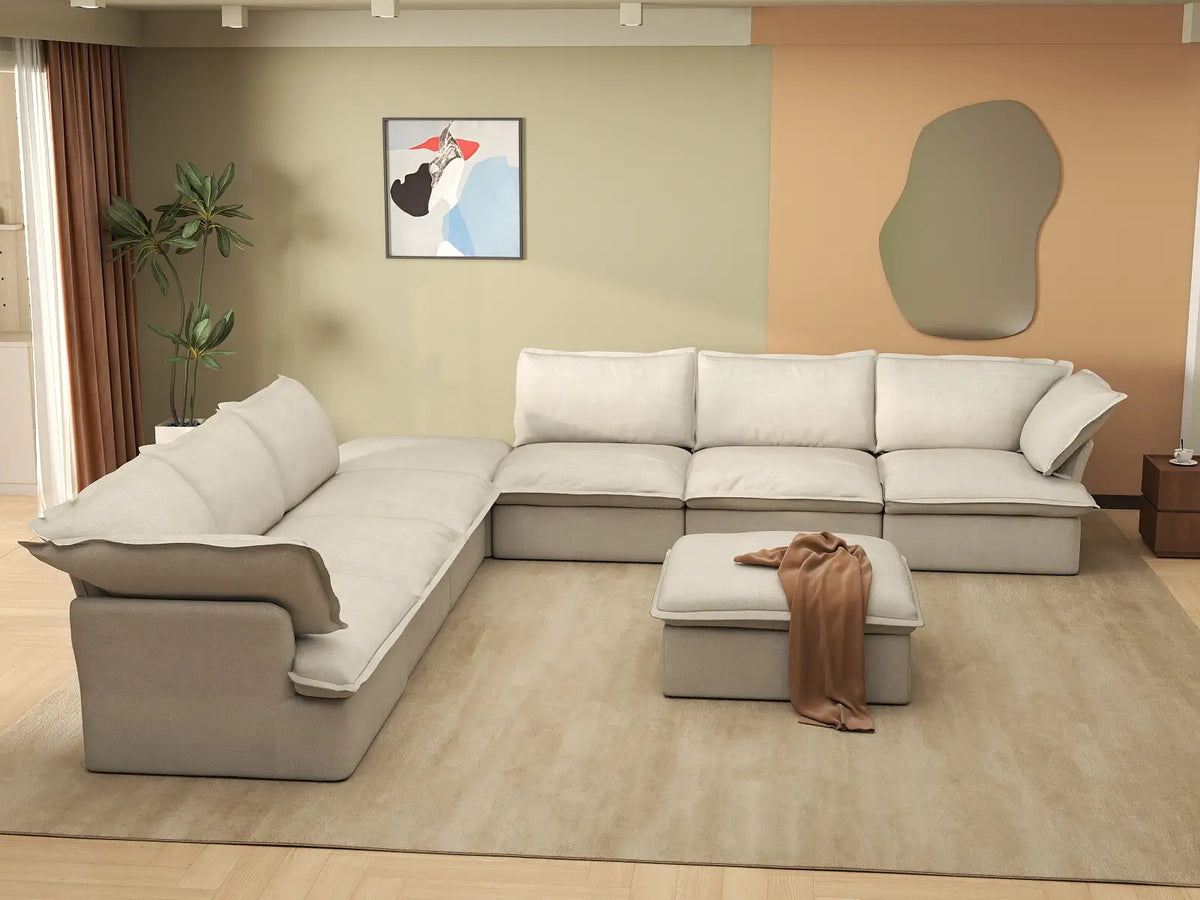 Deluxe Cloud Beige 6-Seater Sofa with Storage | 8-Piece (includes 2 ottomans), Linen and Cotton Fabric, Washable Covers