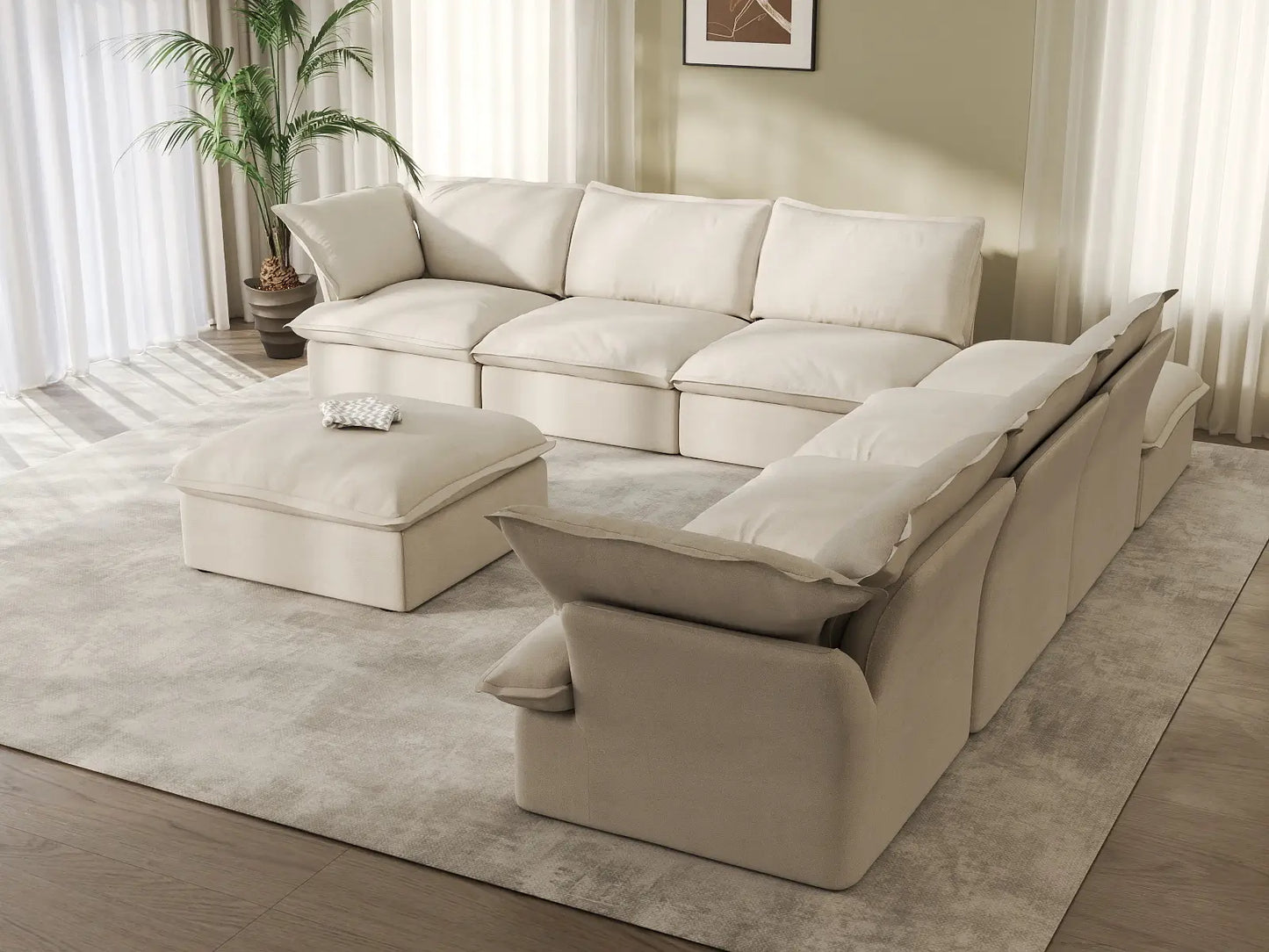 Deluxe Cloud Beige 6-Seater Sofa with Storage | 8-Piece (includes 2 ottomans), Linen and Cotton Fabric, Washable Covers