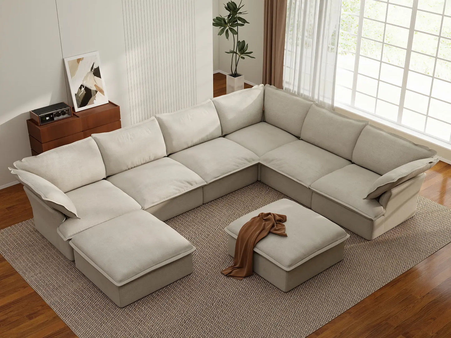 Deluxe Linen Cloud Sectional Sofas Covers | Beige Linen and Cotton Sofa Cover for 6-Seater with 2-Ottoman