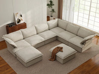 Deluxe Linen Cloud Sectional Sofas Covers | Beige Linen and Cotton Sofa Cover for 6-Seater with 2-Ottoman