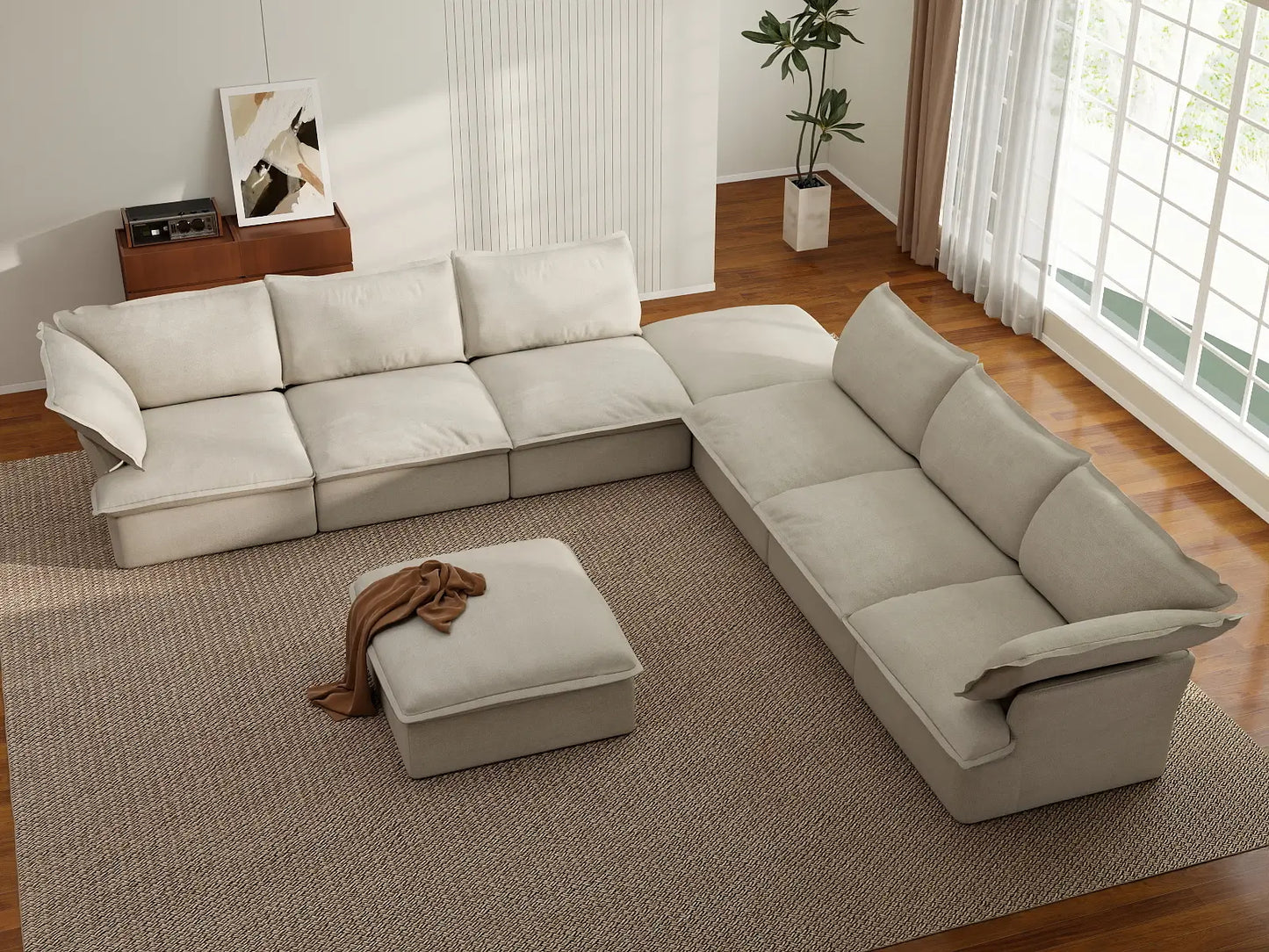 Deluxe Cloud Beige 6-Seater Sofa with Storage | 8-Piece (includes 2 ottomans), Linen and Cotton Fabric, Washable Covers