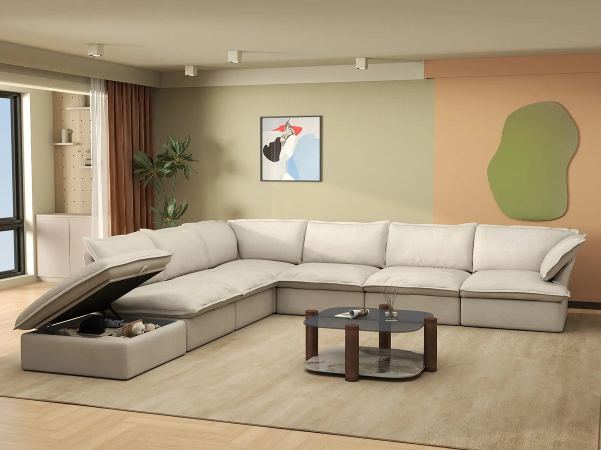 Seccional de lujo color beige nube en forma de V de 6 plazas con almacenamiento | 7 piezas (incluye 1 otomana), tela de lino y algodón, fundas lavables
