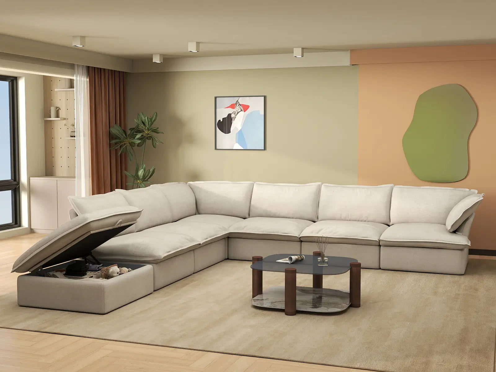 Deluxe Cloud Beige 6-Seater V-Shaped Sectional with Storage | 7-Piece (includes 1 ottoman), Linen and Cotton Fabric, Washable Covers