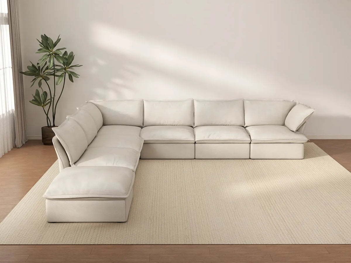 Seccional de lujo color beige nube en forma de V de 6 plazas con almacenamiento | 7 piezas (incluye 1 otomana), tela de lino y algodón, fundas lavables