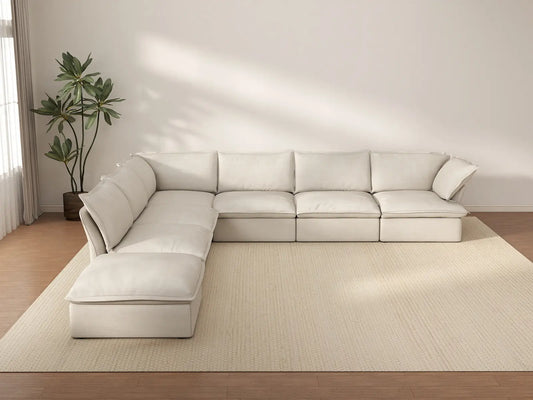 Deluxe Cloud Beige 6-Seater V-Shaped Sectional with Storage | 7-Piece (includes 1 ottoman), Linen and Cotton Fabric, Washable Covers