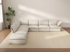 Seccional de lujo color beige nube en forma de V de 6 plazas con almacenamiento | 7 piezas (incluye 1 otomana), tela de lino y algodón, fundas lavables