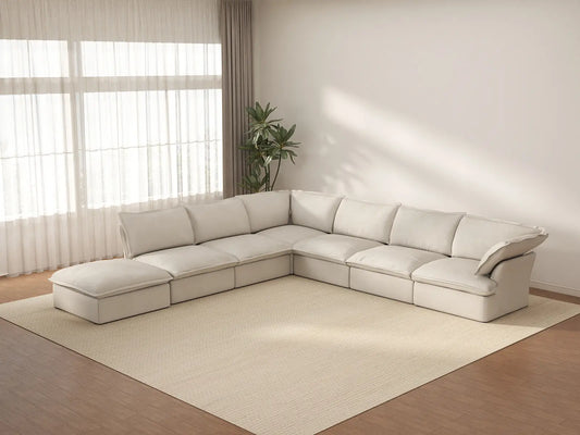 Deluxe Cloud Beige 6-Seater V-Shaped Sectional with Storage | 7-Piece (includes 1 ottoman), Linen and Cotton Fabric, Washable Covers