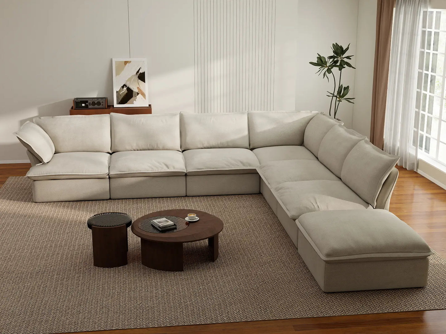 Seccional de lujo color beige nube en forma de V de 6 plazas con almacenamiento | 7 piezas (incluye 1 otomana), tela de lino y algodón, fundas lavables