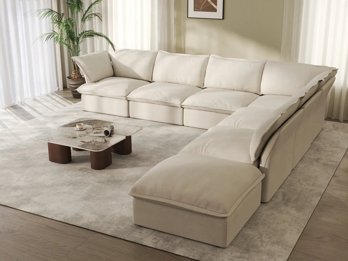 Deluxe Linen Cloud Sectional Sofas Covers | Beige Linen and Cotton Sofa Cover for 6-Seater with 1-Ottoman