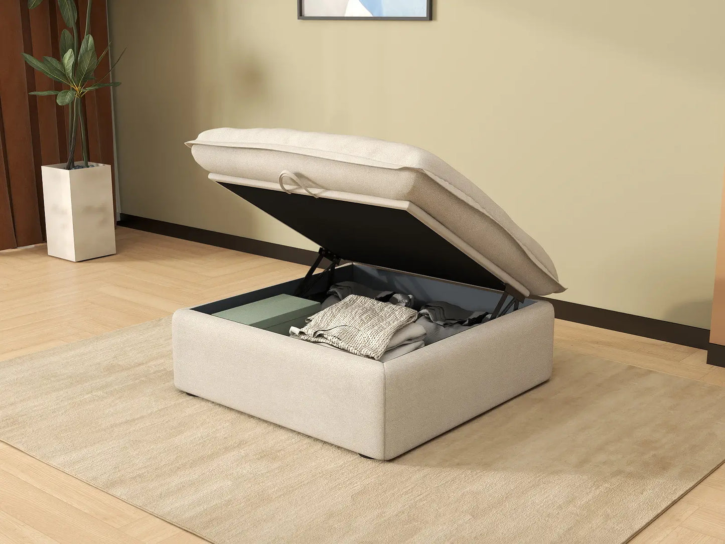 Deluxe Cloud Beige Storage Ottoman | 1-Piece, Linen and Cotton Fabric, Washable Covers