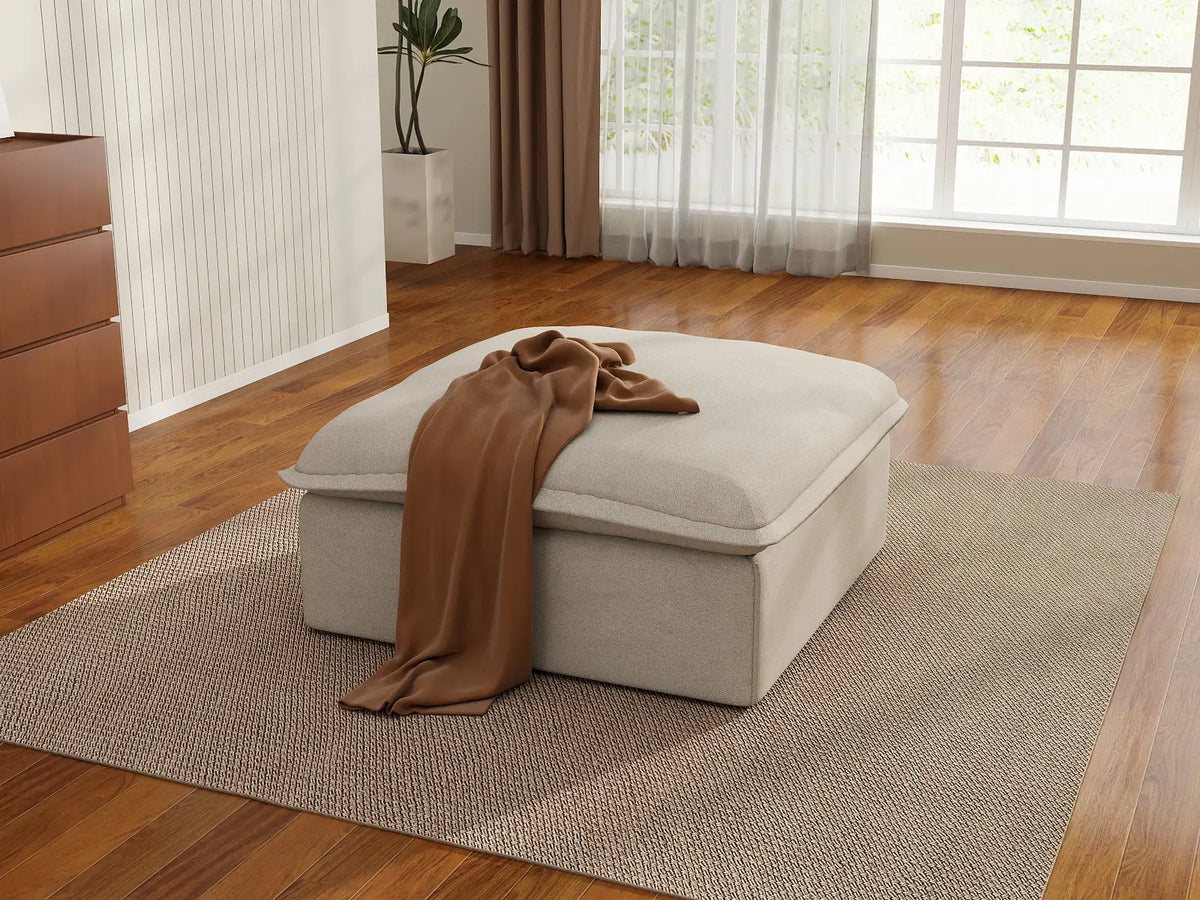 Deluxe Cloud Beige Storage Ottoman | 1-Piece, Linen and Cotton Fabric, Washable Covers