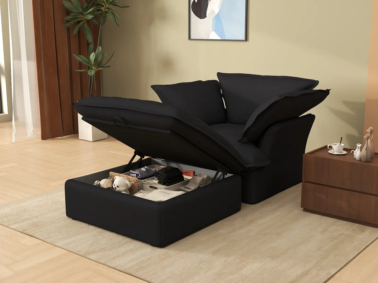 Deluxe Cloud Black 1-Seater Dual-Armrest Sofa | 2-Piece (includes 1 ottoman), Linen and Cotton Fabric, Storage Ottoman