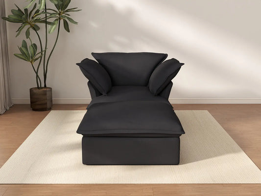 Deluxe Cloud Black 1-Seater Dual-Armrest Sofa | 2-Piece (includes 1 ottoman), Linen and Cotton Fabric, Storage Ottoman