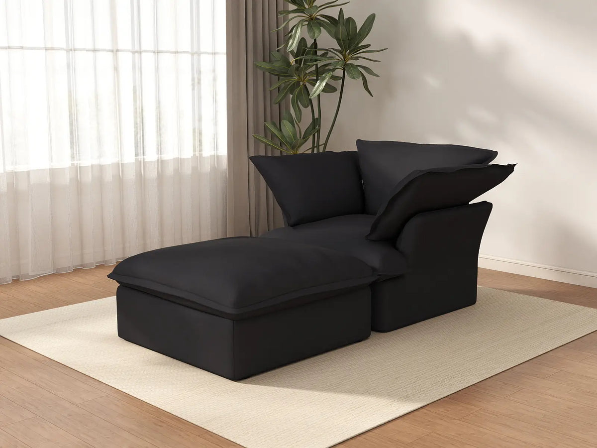 Sofá de lujo Cloud Negro de 1 plaza con doble reposabrazos | 2 piezas (incluye 1 otomana), tejido de lino y algodón, otomana con almacenaje