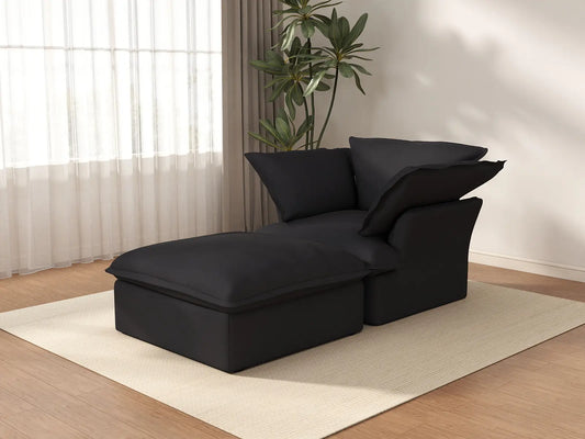 Deluxe Cloud Black 1-Seater Dual-Armrest Sofa | 2-Piece (includes 1 ottoman), Linen and Cotton Fabric, Storage Ottoman