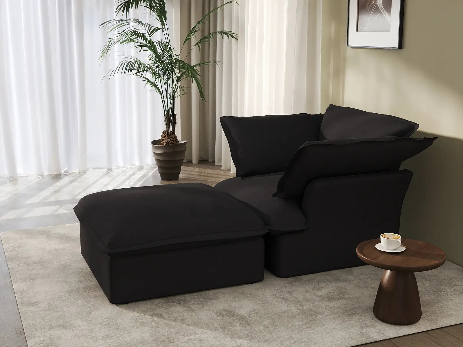 Deluxe Cloud Black 1-Seater Dual-Armrest Sofa | 2-Piece (includes 1 ottoman), Linen and Cotton Fabric, Storage Ottoman