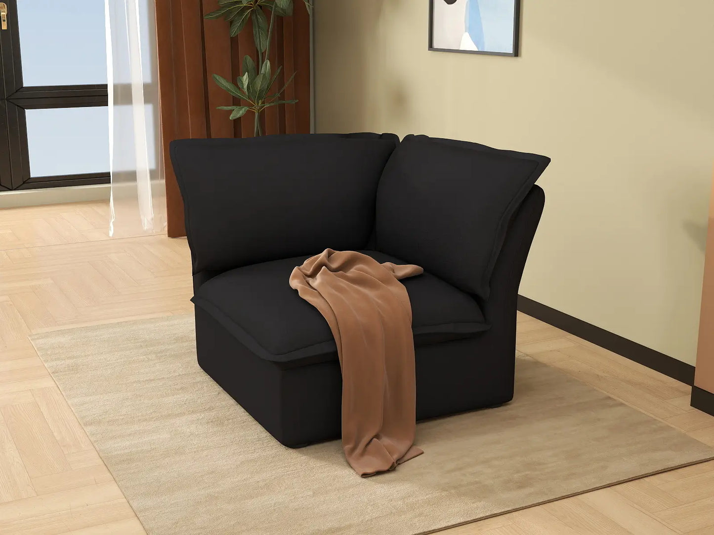 Deluxe Cloud Black 1-Seater Single Sofa | 1-Piece, Linen and Cotton Fabric, Washable Covers