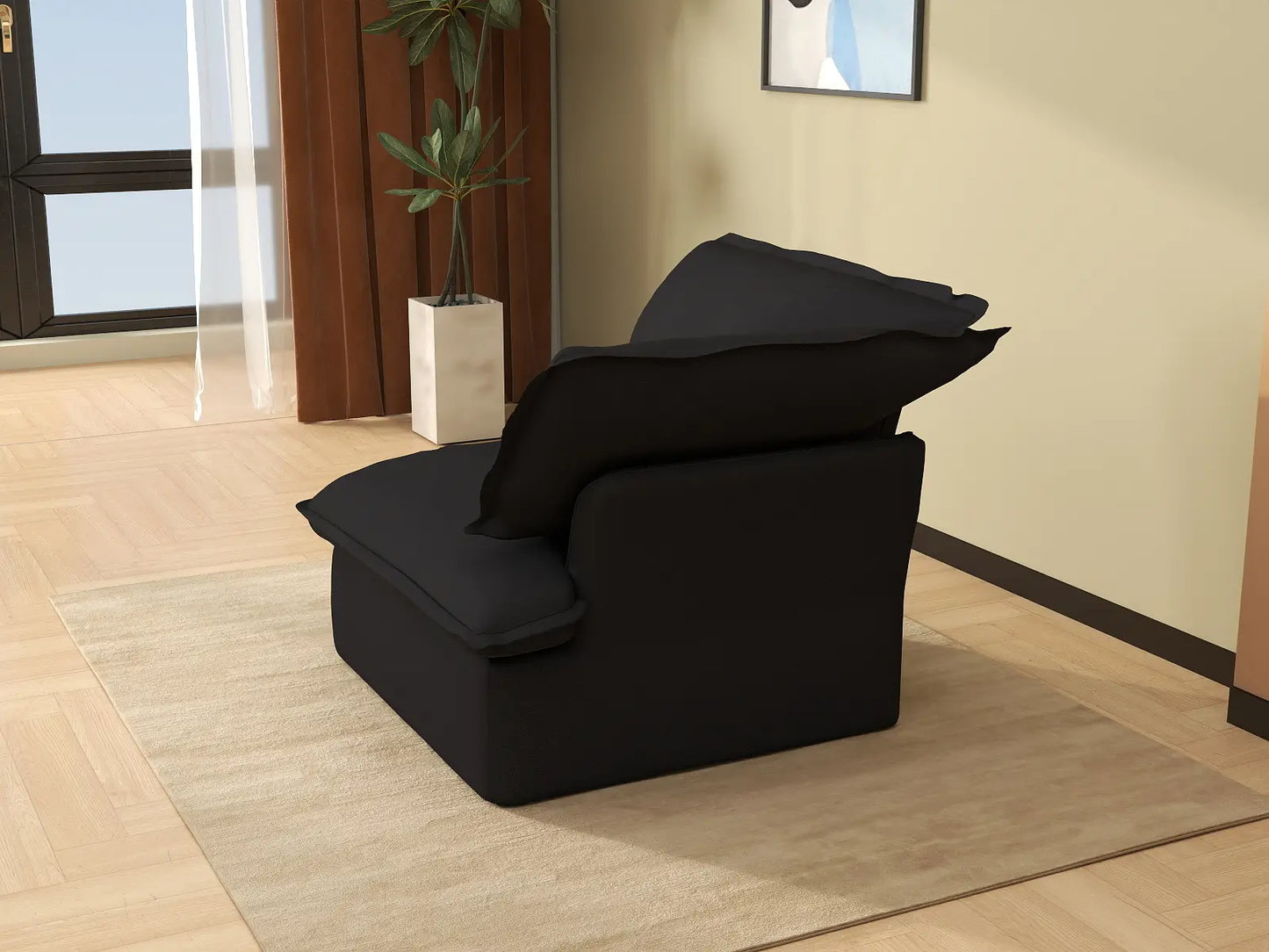 Deluxe Cloud Black 1-Seater Single Sofa | 1-Piece, Linen and Cotton Fabric, Washable Covers
