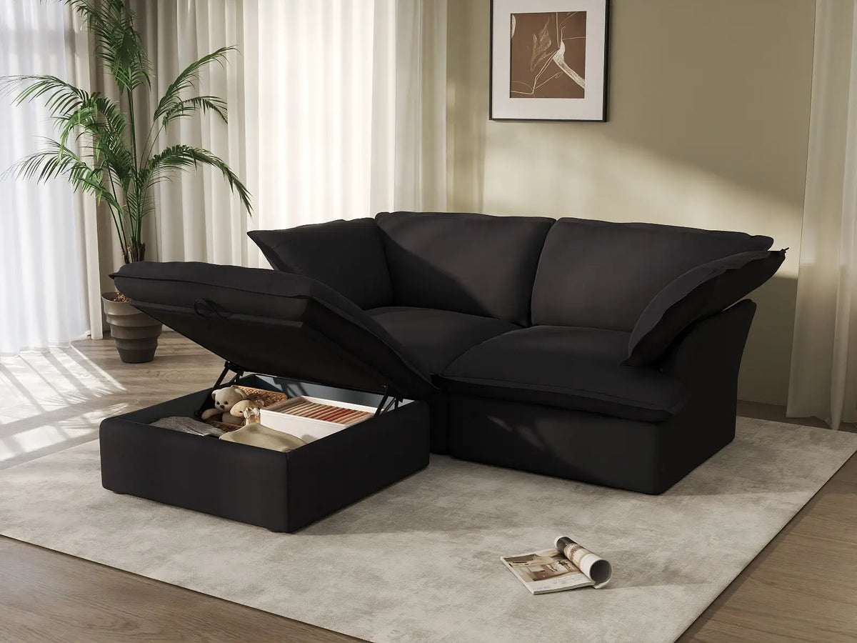 Seccional Chaise de 2 Plazas Deluxe Cloud Negro Espacio Pequeño | 3 Piezas (incluye 1 otomana), Tela de Lino y Algodón, Otomana con Almacenamiento
