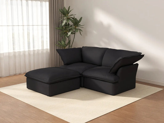 Deluxe Cloud Black 2-Seater Chaise Sectional Small Space | 3-Piece (includes 1 ottoman), Linen and Cotton Fabric, Storage Ottoman
