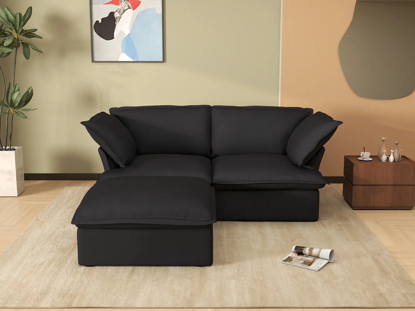 Seccional Chaise de 2 Plazas Deluxe Cloud Negro Espacio Pequeño | 3 Piezas (incluye 1 otomana), Tela de Lino y Algodón, Otomana con Almacenamiento