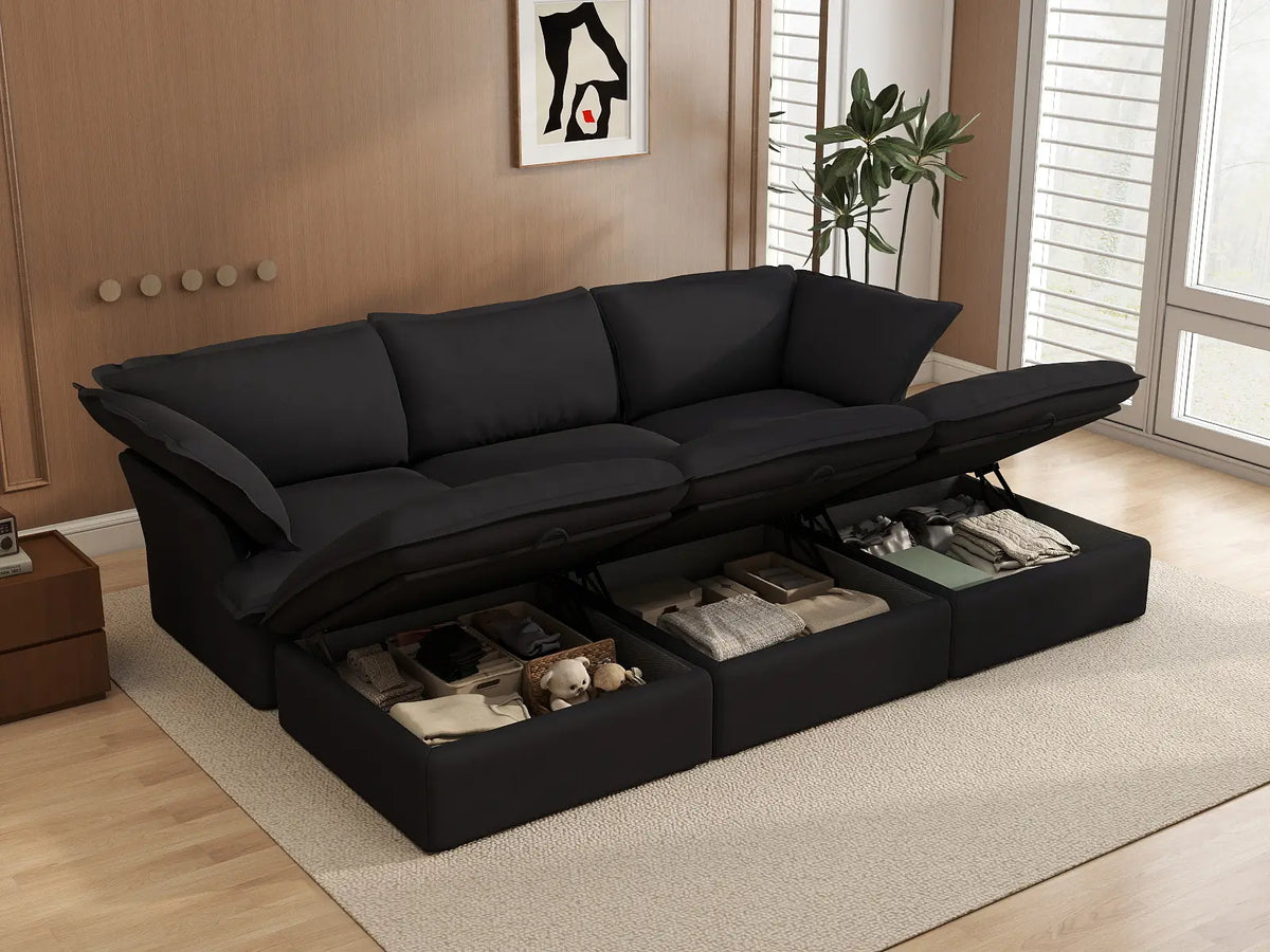 Deluxe Cloud Black 3-Seater Modular Pit Sectional | 6-Piece (includes 3 ottomans), Linen and Cotton Fabric, Storage Ottoman