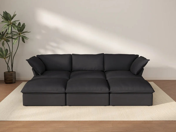 Deluxe Cloud Black 3-Seater Modular Pit Sectional | 6-Piece (includes 3 ottomans), Linen and Cotton Fabric, Storage Ottoman