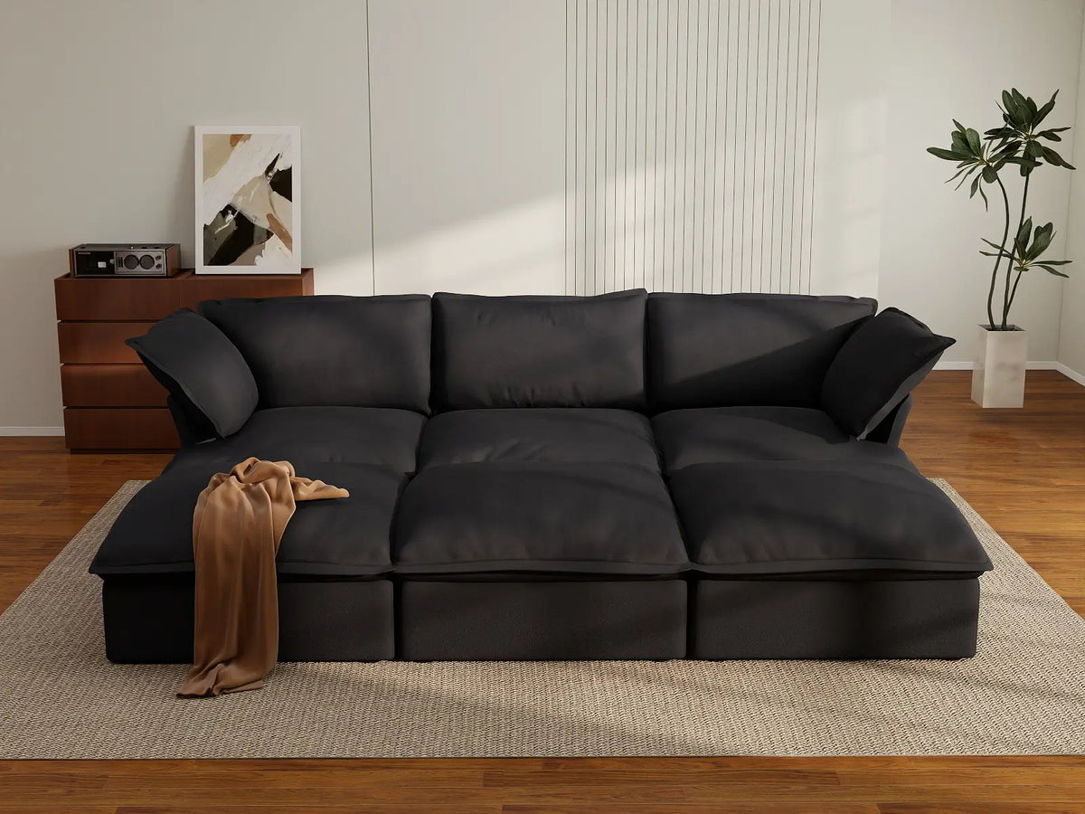 Deluxe Linen Cloud Sectional Sofas Covers | Black Linen and Cotton Sofa Cover for 3-Seater with 3-Ottoman