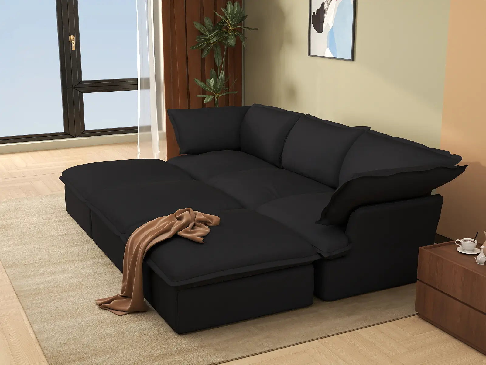 Deluxe Linen Cloud Sectional Sofas Covers | Black Linen and Cotton Sofa Cover for 3-Seater with 3-Ottoman