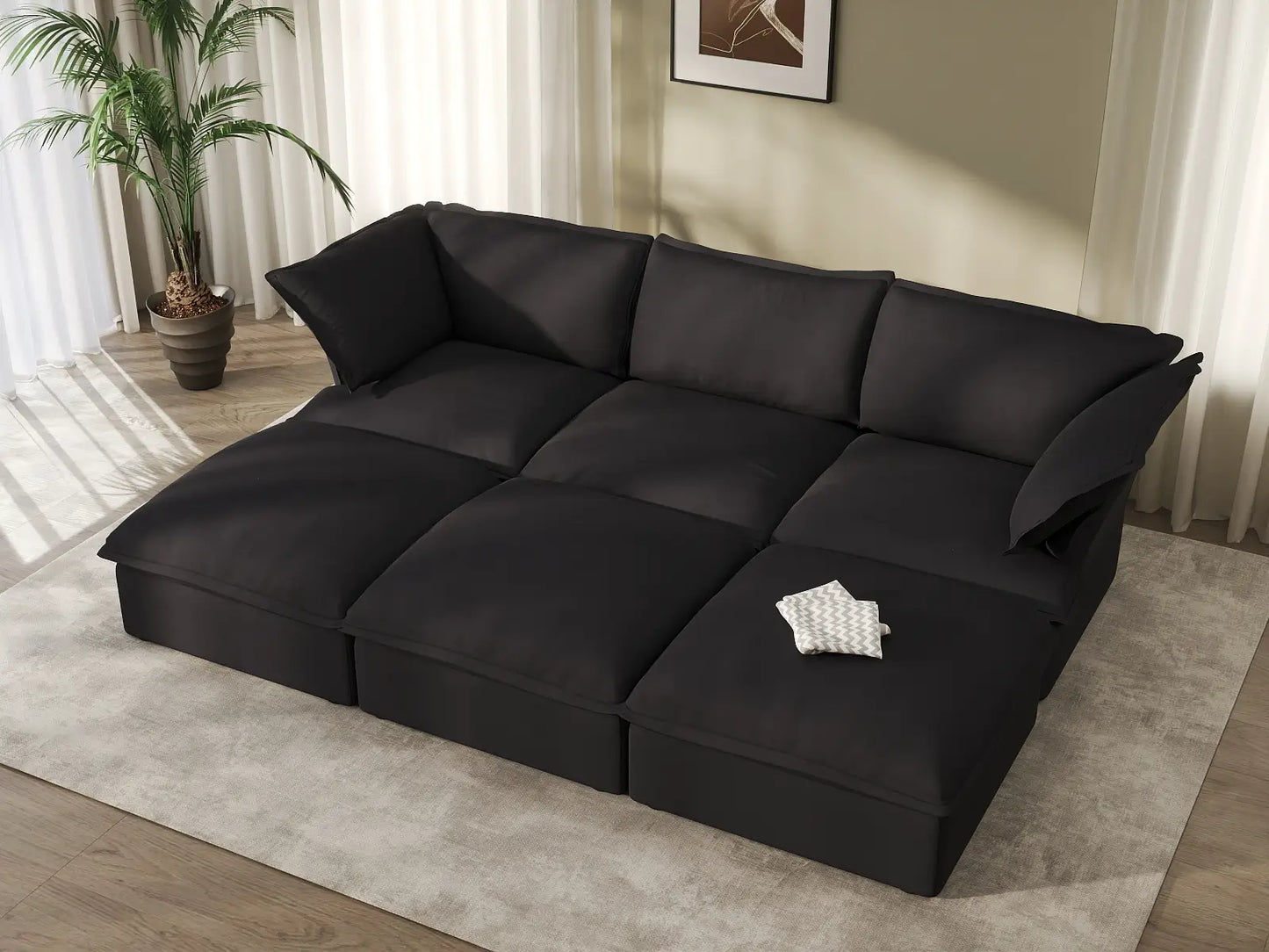 Deluxe Cloud Black 3-Seater Modular Pit Sectional | 6-Piece (includes 3 ottomans), Linen and Cotton Fabric, Storage Ottoman