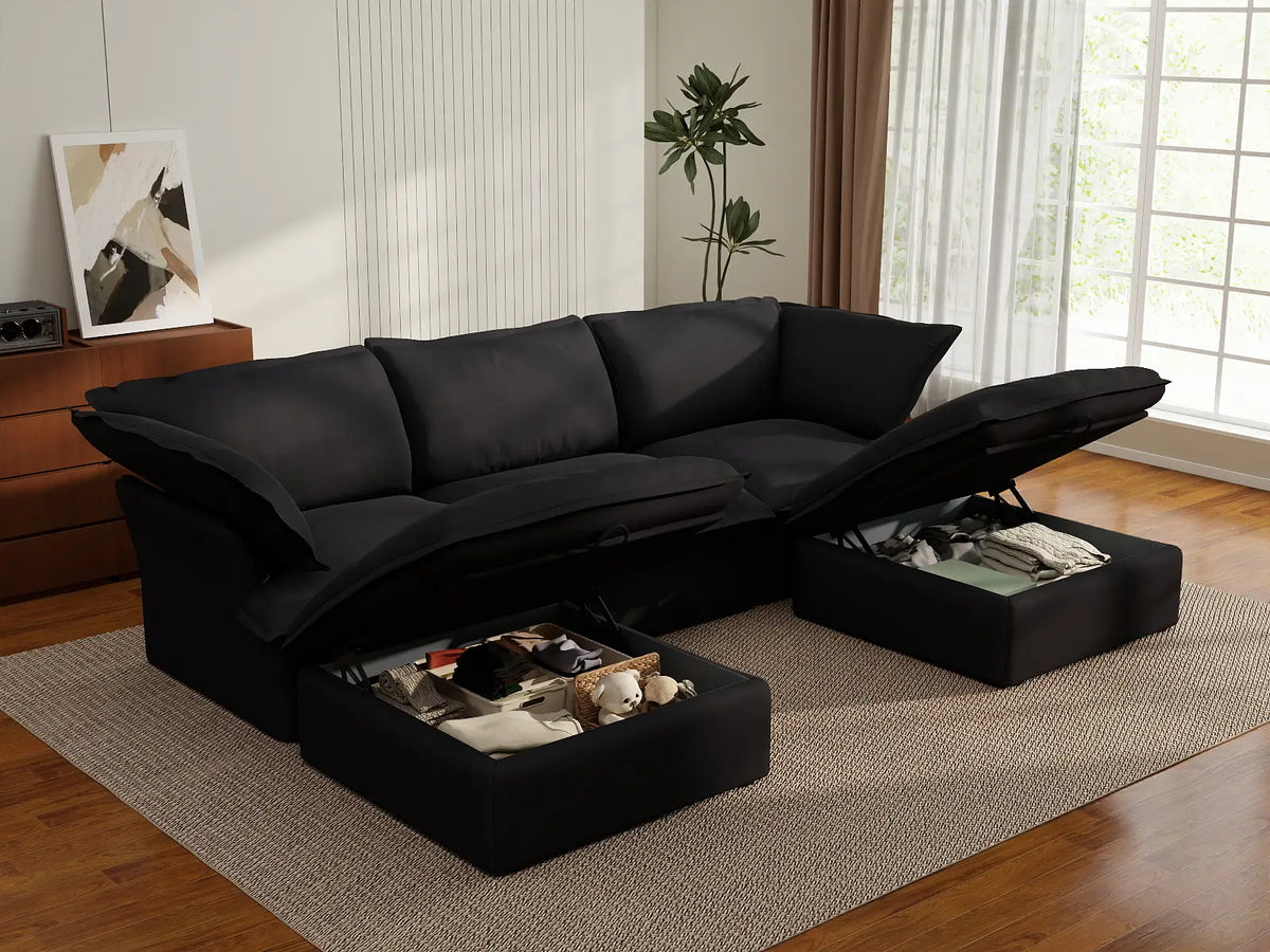 Deluxe Cloud Black 3-Seater U-Shaped Sectional | 5-Piece (includes 2 ottomans), Linen and Cotton Fabric, Storage Ottoman