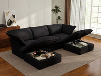 Deluxe Cloud Black 3-Seater U-Shaped Sectional | 5-Piece (includes 2 ottomans), Linen and Cotton Fabric, Storage Ottoman