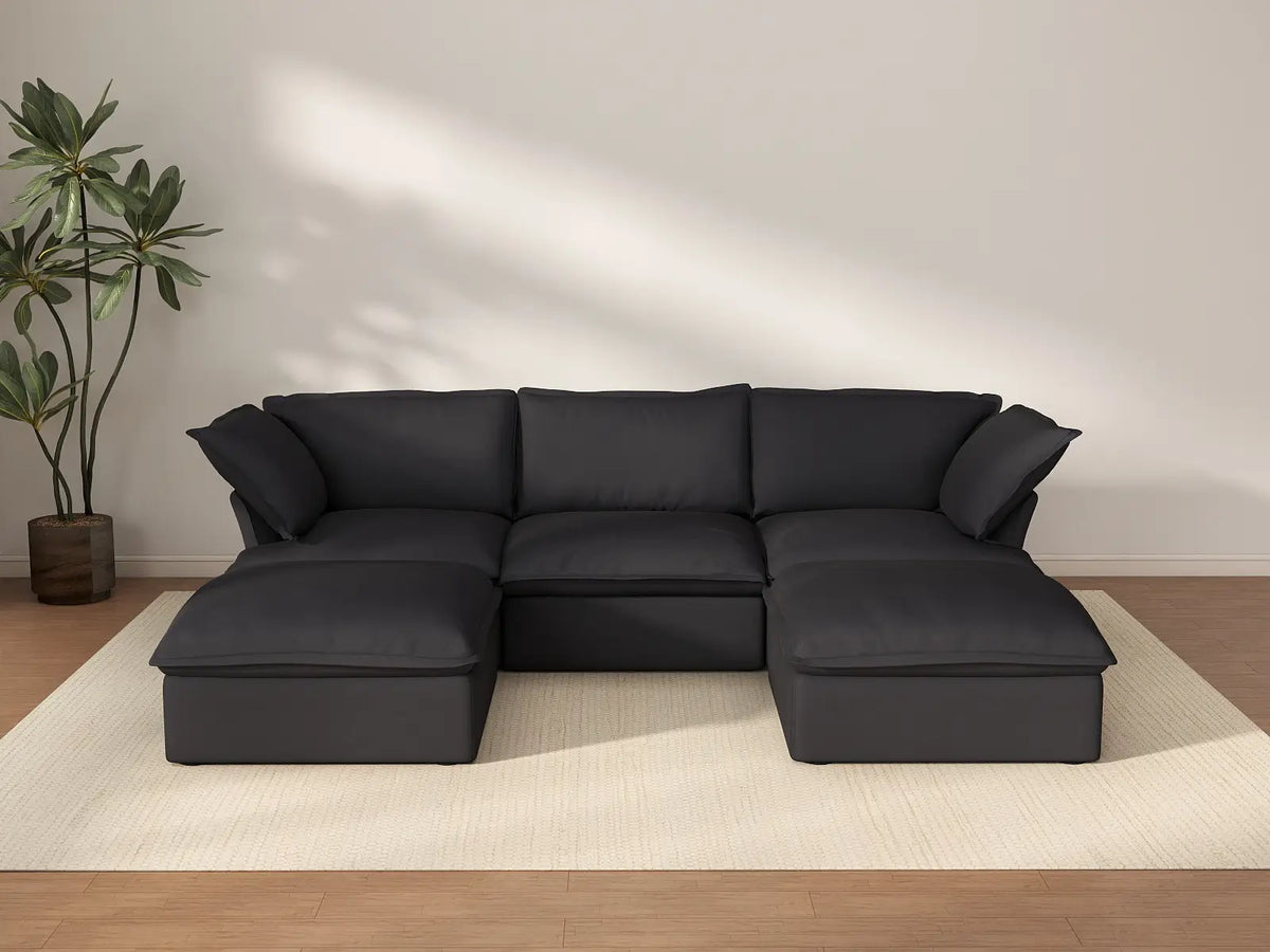 Deluxe Cloud Black 3-Seater U-Shaped Sectional | 5-Piece (includes 2 ottomans), Linen and Cotton Fabric, Storage Ottoman