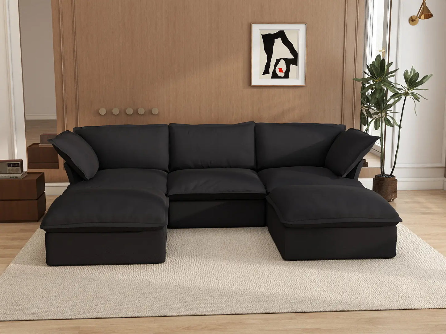 Deluxe Cloud Black 3-Seater U-Shaped Sectional | 5-Piece (includes 2 ottomans), Linen and Cotton Fabric, Storage Ottoman