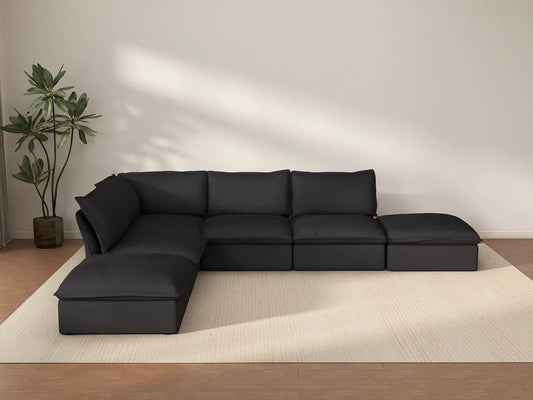 Deluxe Cloud Black 4-Seater L-Shaped Sofa | 6-Piece (includes 2 ottomans), Linen and Cotton Fabric, Storage Ottoman